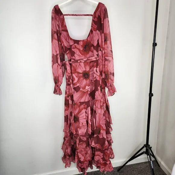 NEW Hutch Kya Long-Sleeve V-Neck Printed Tiered Wrap Maxi Dress Red Small